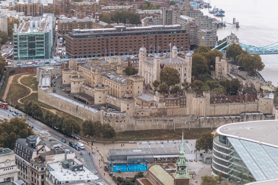 Aerial photo of Tower of London, historic architecture in central London, England.
