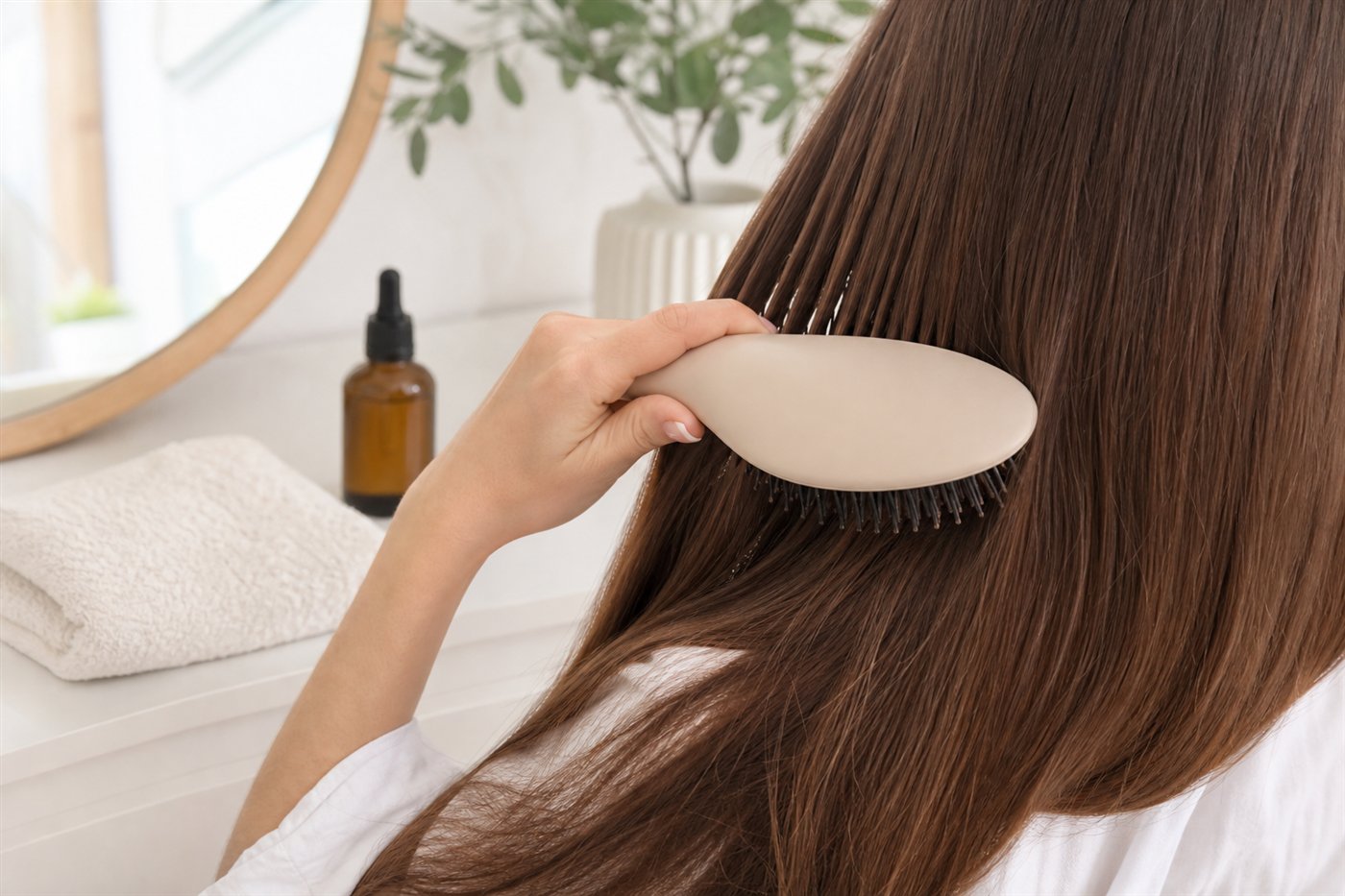 Detangling hairbrush gently brushing long hair on a clean vanity