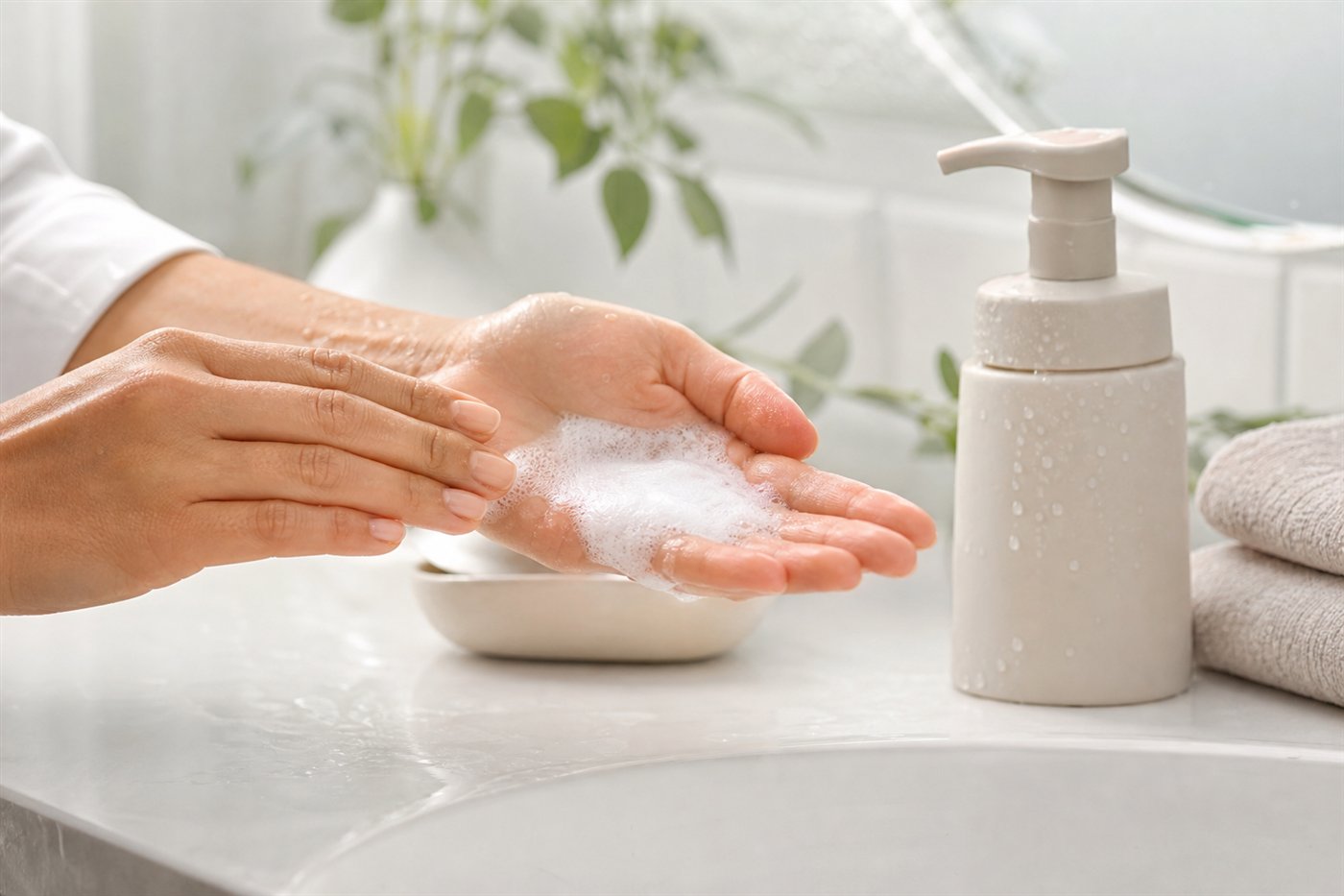 Gentle foaming cleanser texture on hands beside an unbranded skincare bottle